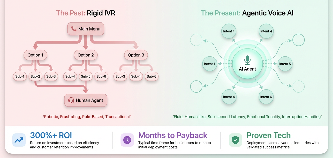 The Value Gap Isn't Caused by Immature Technology; It's Caused by Outdated Strategy. Past: Rigid IVR (robotic, frustrating, rule-based, transactional). Present: Agentic Voice AI (fluid, human-like, sub-second latency, emotional tonality, interruption handling)